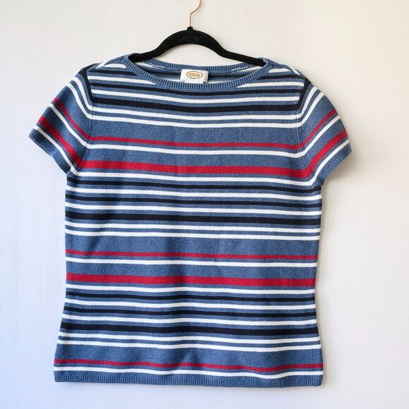 Vintage Talbots blue striped L cotton short sleeve sweater - Picture 1 of 6